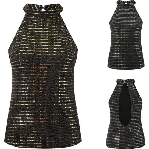 Fashion T Shirt Women Vest Vintaeg Slim Shiny Sequin Halter Sleeveless Summer Backless Glitter Tops Clubwear Streetwear Tees New