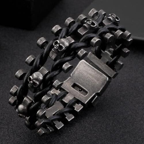 Jewels Store Punk Link Chain Stainless Steel Boiled Black Skeleton Leather Woven Mens Bracelet Jewelry Accessories For Man