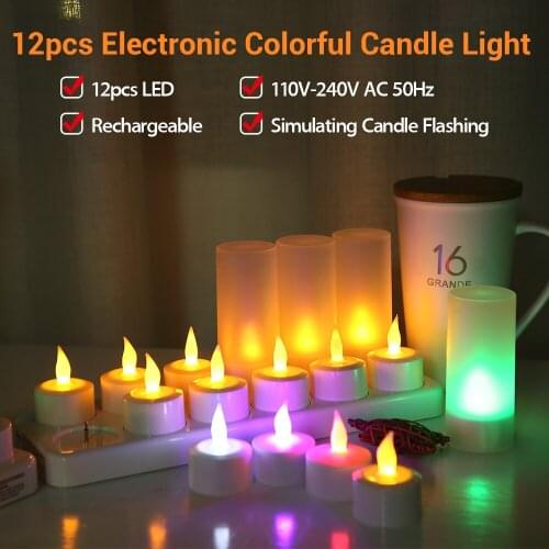 Set of 12-Pack Colorful Flameless Flickering Rechargeable Electronic Candle Light