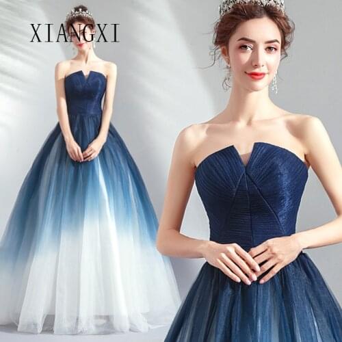 2020 New Listing Blue Evening Dresses Tulle Ball Gown V-Neck Floor Length Formal Gowns Long Evening Dress Party Dresses Vestidos