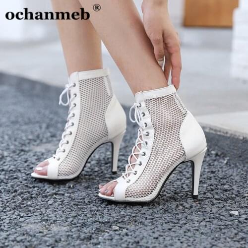 Ochanmeb Thin High Heels Summer Boots for Women Ladies Mesh Net Boots Peep Toe Shoes Woman Female Lace up Ankle Boots 43 Botas