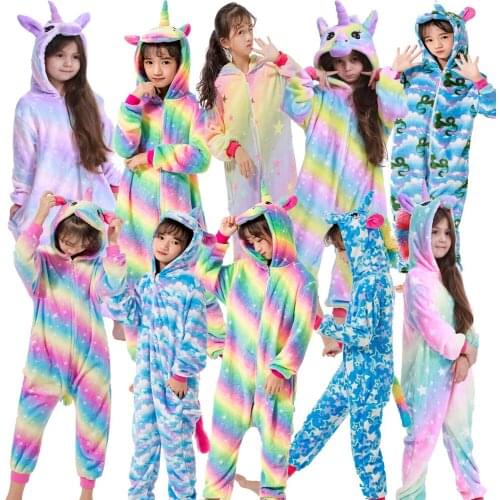 4-12Years Flannel Warm Pijamas Boys Kigurumi Rainbow Unicorn Pajamas Winter Girl Panda Kids Pyjamas Pijamas Infantil