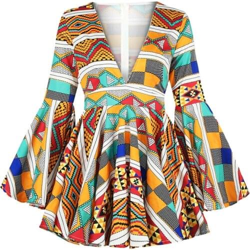 Sexy V Neck Long Sleeve Dress Women African Clothes Fashion African Dashiki Print Midi Swing Dress Party African Dresses Women