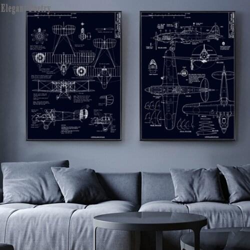 Simple Nordic Industrial Wind Aircraft Manufacturing Drawing Blueprint Black And White Line Canvas Art Picture Wall Home Decor