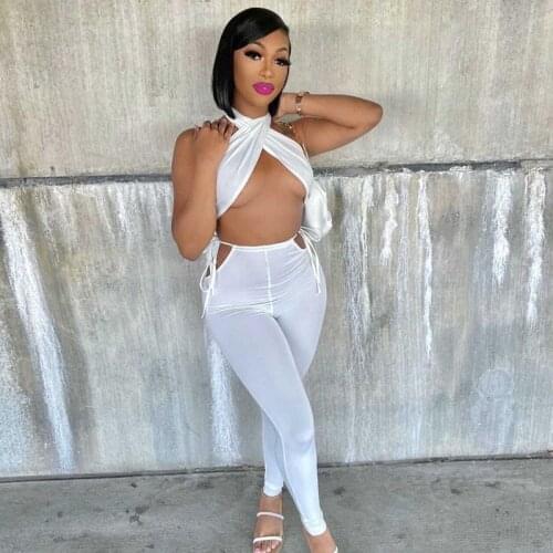 Sexy Backless 2 Piece Sets Womens Outfits Halter Bandage Crop Top + Leggings Set Elegant Skinny Party Club Two Piece Set Outfits