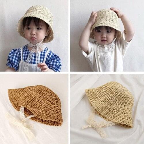 Summer Baby Straw Hat Lace Windproof Cord Baby Girl Boy Beach Sun Hat Wide Brim Cute Floppy Hat casquette enfant