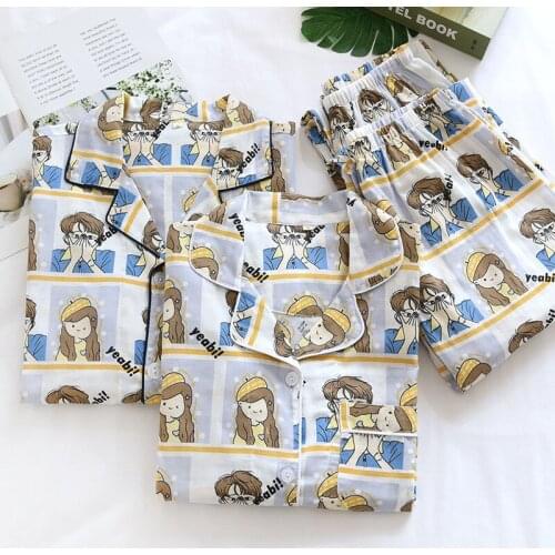 Thin Summer Long Sleeve Pajamas For Couple Lovely Girl Print Loungewear Women Cotton Sleepwear Set Plus Size Loose Home Suit Men