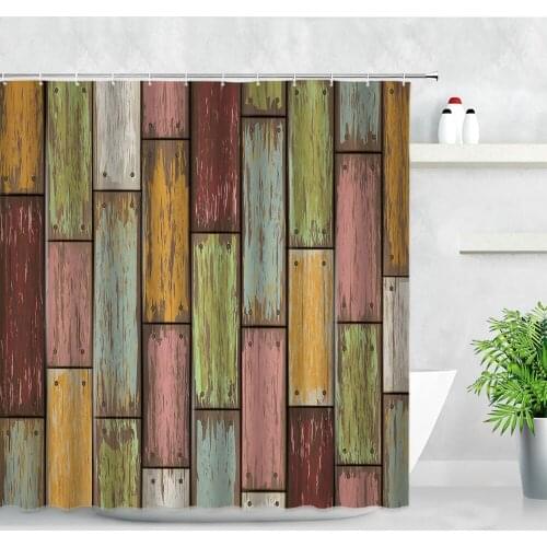Retro Color Wood Grain Shower Curtains Waterproof Hooks Screens Vintage Old Wooden Board Stripe Printing Bathroom Decor Curtain