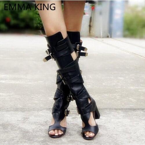2020 New Sexy Summer Chunky Knee High Motorcycle Boots Women Peep Toe Cut-Out High Heels Black Leather Ladies Gladiator Sandals