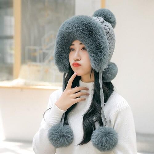 Women Trapper Hats Winter Warm Faux Fox Fur Bomber Hat Beanies Russian Ushanka Wool Knit Pom Pom Earflaps Aviator Caps