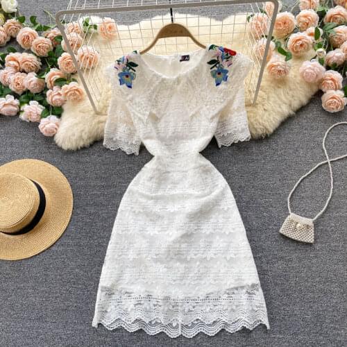Summer New Fashion Temperament Vestidos Female Embroidery Big Lapel Sweet Waist Lace Midi Dress KK546