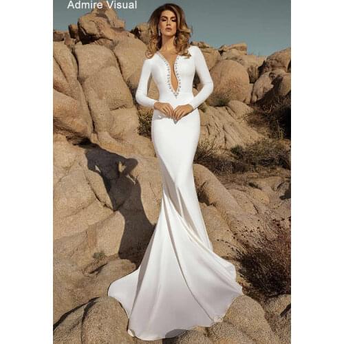 Wedding Dress Mermaid Satin Elegant Deep V-Neck Neckline Full Sleeves Long Open-Back Plus Sizes Bride-Gown Vestidos De Novia