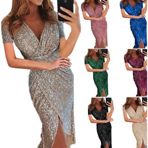 2021 Summer New Womens Deep V Sequined Wrap Dress Ruffle Sexy Long-sleeved Nightclub Party Beach Vacation Vestido Dress