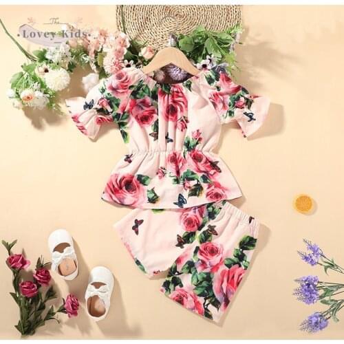 2021 Spring Baby Girl Outfit Two Piece Set Floral Rose Tops Puff Sleeve Shorts Pants Kids Boutique Clothing Wholesale