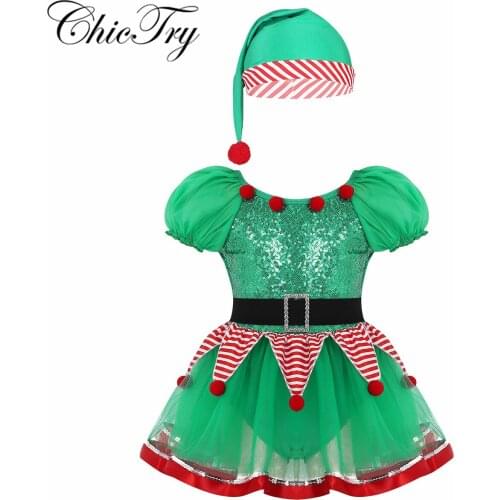Girls Christmas Fairy Spirit Elf Costumes Dancewear Short Puff Sleeves Sequined Striped Mesh Tutu Leotard Cosplay Dress with Hat