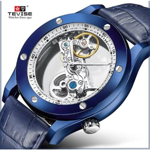 Luxury Hollow Automatic Watch Mechanical Men Leather Strap Wrist Watches Transparent Skeleton Dress Casual Self Wind Clock