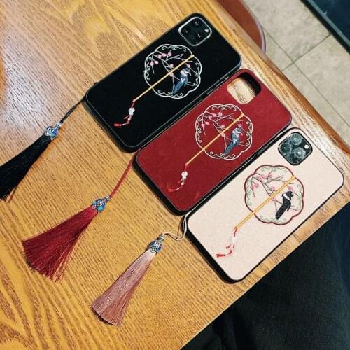 Embroidery Case for iPhone 12 11 Pro Mini XS Max XR X 7 8 Plus 6 6s + Handmade Bird Floral Shockproof Cover Lanyard Tassel Funda