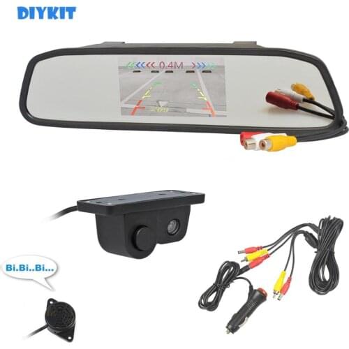 DIYKIT Wired Auto Parking System 4.3" Car Mirror Monitor Rear View Monitor Waterproof Video Parking Radar Sensor Car Camera