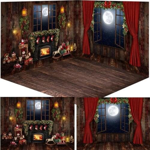 Rustic Fireplace Birthday Cake Smash Background Winter Window Portrait Backdrop Christmas Tree Curtain Toys Socks Studio Props