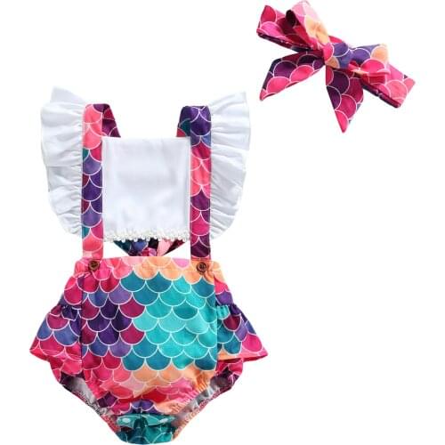 Baby Girl’s Casual Fly Sleeve Romper Fashion Fish Scales Print Bandage Jumpsuits and Headband