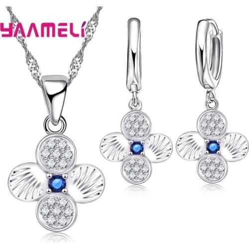 Exqusite Long Crystal Earrings Pendant Necklace Jewelry Set Shiny Round Zircon Crystal 925 Sterling Silver Wedding Bijoux