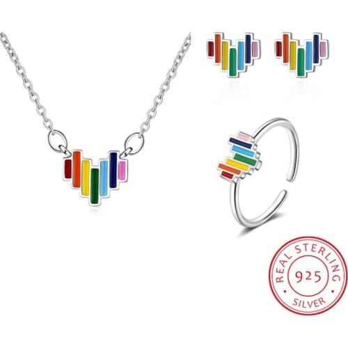 Colorful Rainbow Love Heart Jewelry Set 925 Sterling Silve Necklace Earring Ring Wedding Party Exquisite Jewelry Set