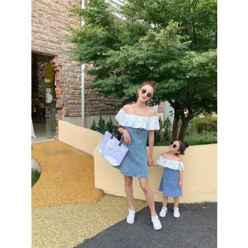 Summer New Family Look Mother Daughter Dress Fashion Ruffles Off Shoulder Denim Dress For Mom And Girls Family Matching Outfits