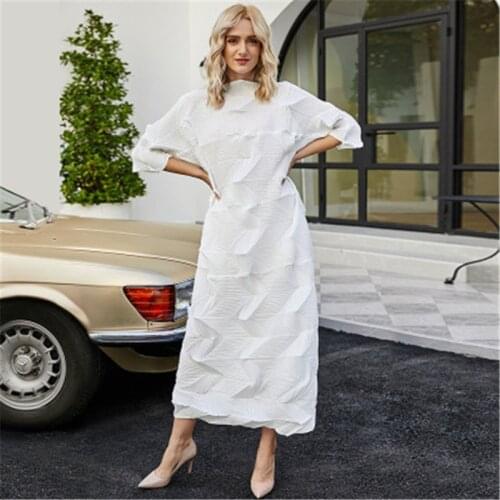 Square pleated half high neck dress Miyake women spring French bellflower dress fashionable and comfortable pleated dress women