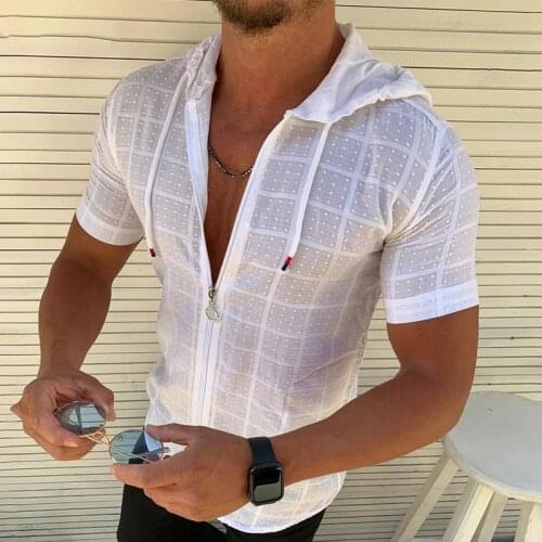 2021 Men Plaid print Shirt Summer Short sleeved Hoodie Zipper shirt tops streetwear Casual cardigan Thin Camisa Hombre Fashion