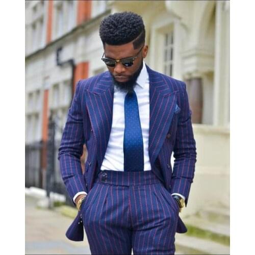 2021 Blue Red Stripe Men Suits Costume Homme Groom Wear Tuxedos Wedding Terno Masculino Slim Fit 2 Pieces Blazer(Jacket+Pants)
