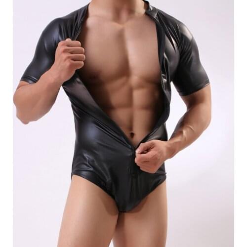 Mens Sexy Faux Leather Underwear Bodysuit Boxers Jumpsuits Wrestling Singlets Lingerie Stretch Tight Gay Jockstrap