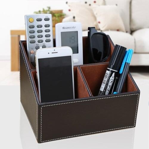 PU Leather Desktop Organizer 3 Grids Storage Box Remote Control Case Pen Holder Sundries Box For Office Supplies A097