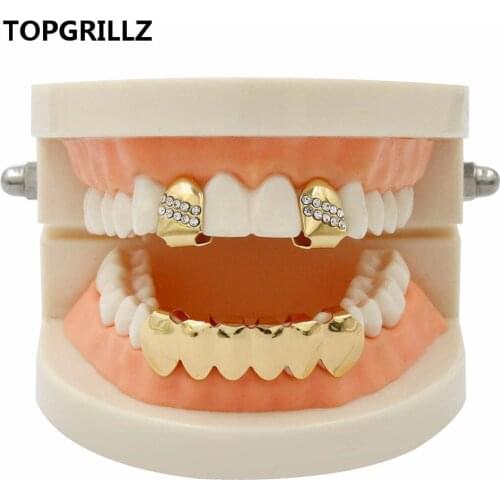 TOPGRILLZ Hip Hop Grillz Yellow Gold Color Plated 2 Single Top Teeth Grillz Caps With CZ Stone Tooth Grills & Classic Bottom