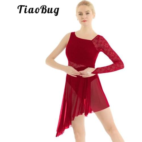 TiaoBug Adults Single Long Sleeve Asymmetrical Lace Lyrical Dance Costumes Gymnastics Leotard Women Ballet Figure Skating Dress