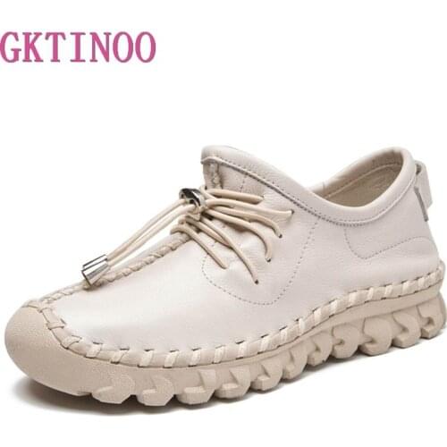 GKTINOO Oxford Sewing Flats Womens Loafers Shoes Woman Female Lace Up Genuine Leather Rubber Soles Casual Shoes