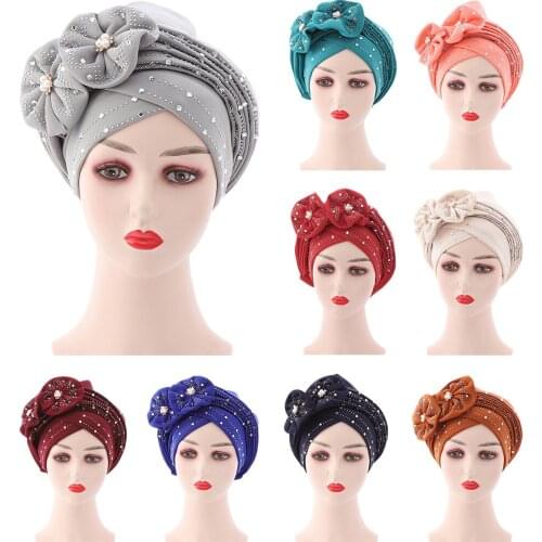 Newest Elegant Turban Hats Women Flower Cap Beaded Stones 2pcs For India Hat Head Wrap Ready Headband Girl Hair Accessories Lady