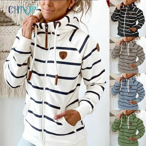 Autumn Winter Women Hoodies Zipper Stripe Pocket Female Sweatshirt Casual Long Sleeve Loose Thick Warm Female Pullover Tops