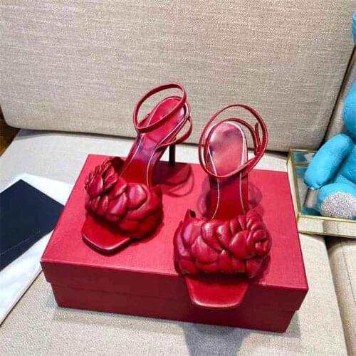 2021 Summer Women High Heels Sandals Genuine Leather Flower Ladies Party Shoes Solid High Quality Luxury Designer