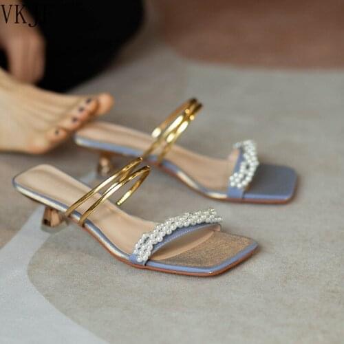 2021Womens Thin Two Strap Heeled Slide Sandal Summer Med Stiletto Gold Heels Pearls Shoes