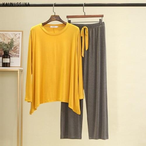 Women Autumn Winter Pajamas Set Loungewear Long Sleeve Shirts and Long Pants Modal Pajama Loose Homewear Plus Size