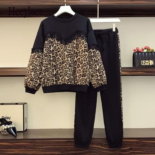 Plus Size 5XL Tracksuit Women Autumn Winter 2 Piece Set Leopard patchwork Long Sleeve Sweatshirt and Elastic Waist Pants sets