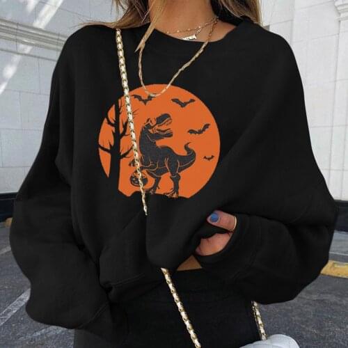 Women Long Sleeve Funny Dinosaur Pumpkin Halloween Pullover Sweatshirt Top Shirt Solid Color Casual Daily All-match T-shirt