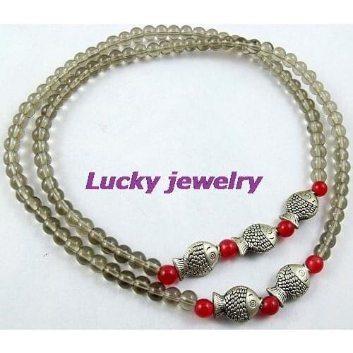 4mm Tibetan Buddhism 108 crystal Beads Tibetan silver color Fish Mala Necklace