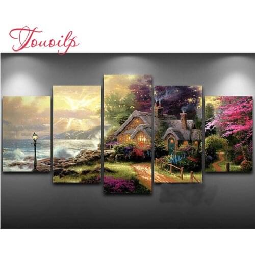 5pcs,DIY 5D Diamond Painting Cross Stitch Puzzle Mosaic Rhinestone Diamond Embroidery country Seashore Cottage Home Decoration