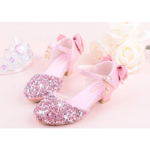 Girls Bling Glitter Bowtie Sandals with high-heeled, Kids Princess Dance Performance Summer shoes, silver & Pink