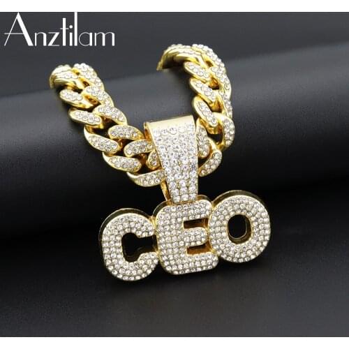 Hip Hop Big Cuban Chain Gold Color AAA CZ Stone Paved Bling Iced Out CEO Letter Pendants & Necklace for Men Rapper Jewelry