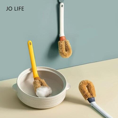 JO LIFE Coconut Fiber Long Handle Cleaning Brush Kitchen Utensils Cleaner Hanging Palm Fiber Cup Pot Brush