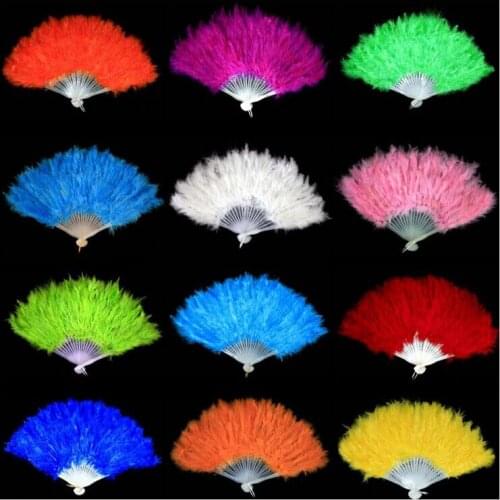 Elegant White Folding Feather Fans Dance Hand Fan Fancy Costumes For Women Wedding Party Halloween Stage Supplies 13 Colors