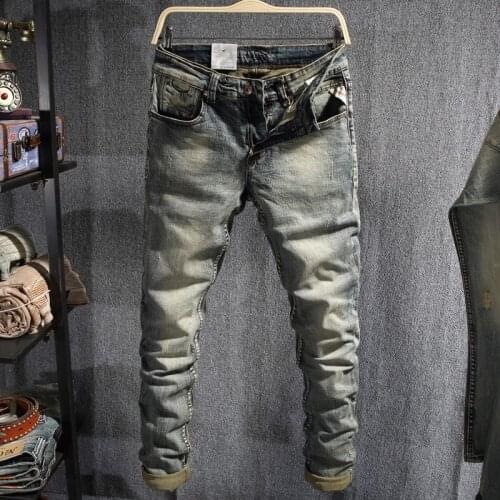 European Vintage Fashion Men Jeans Elastic Cotton Slim Fit Retro Ripped Jeans Men Distressed Designer Casual Denim Pencil Pants