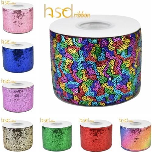 HSDRibbon 3 inch 75MM color Red Navy Pink Purple Sequin Fabric Scribble Sequin Ribbon 25Yards/Roll
